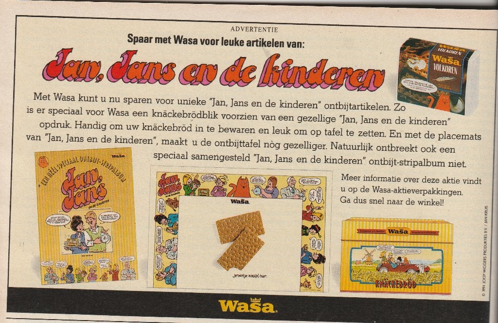 Retro reclame 1994 Verkade Wasa met Jan Jans Kinderen blik, Verzenden, Overige typen