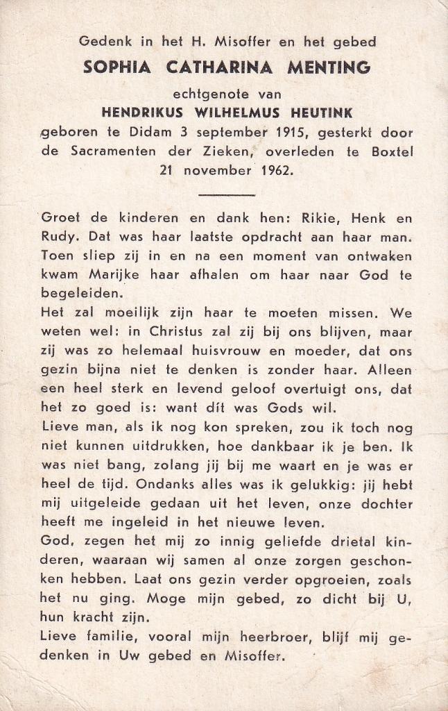 Menting Sophia 1915 Didam 1962 Boxtel, Ophalen of Verzenden, Bidprentje