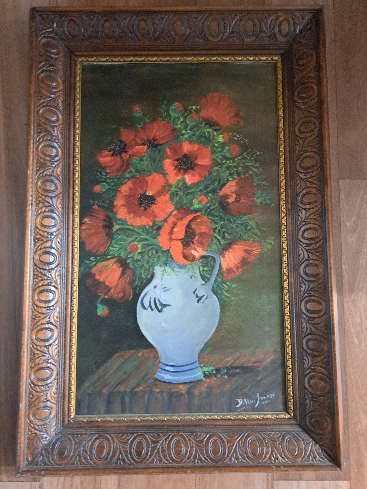 Schilderij met klaprozen in vaas, gesigneerd, Ophalen of Verzenden