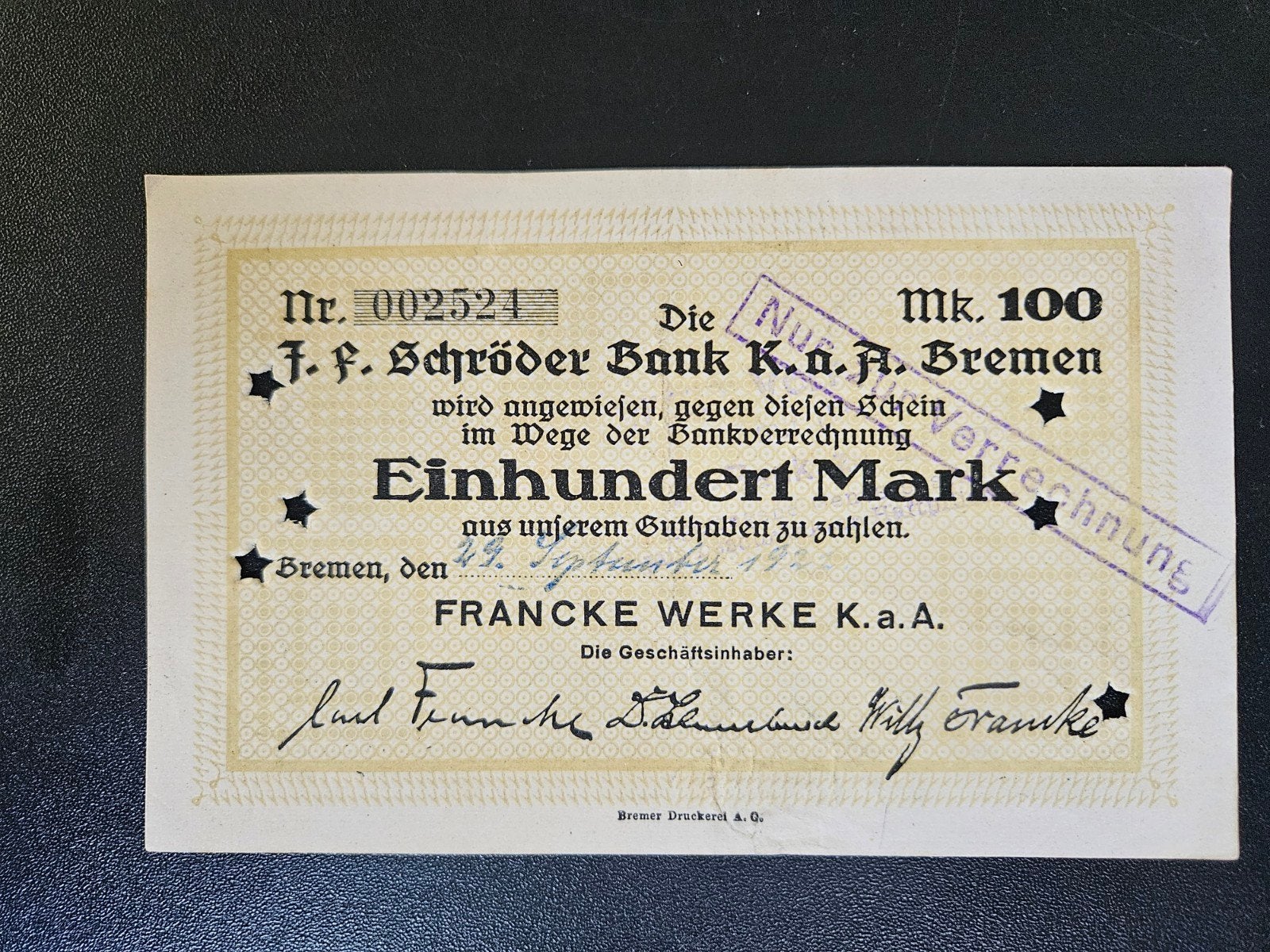 Duitsland Bremen Schröder Bank 1922, Ophalen of Verzenden, Duitsland, Los biljet