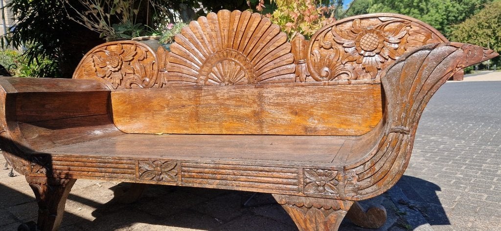 Antieke houten bank + scheepsvormige armleuningen (brocante), Ophalen