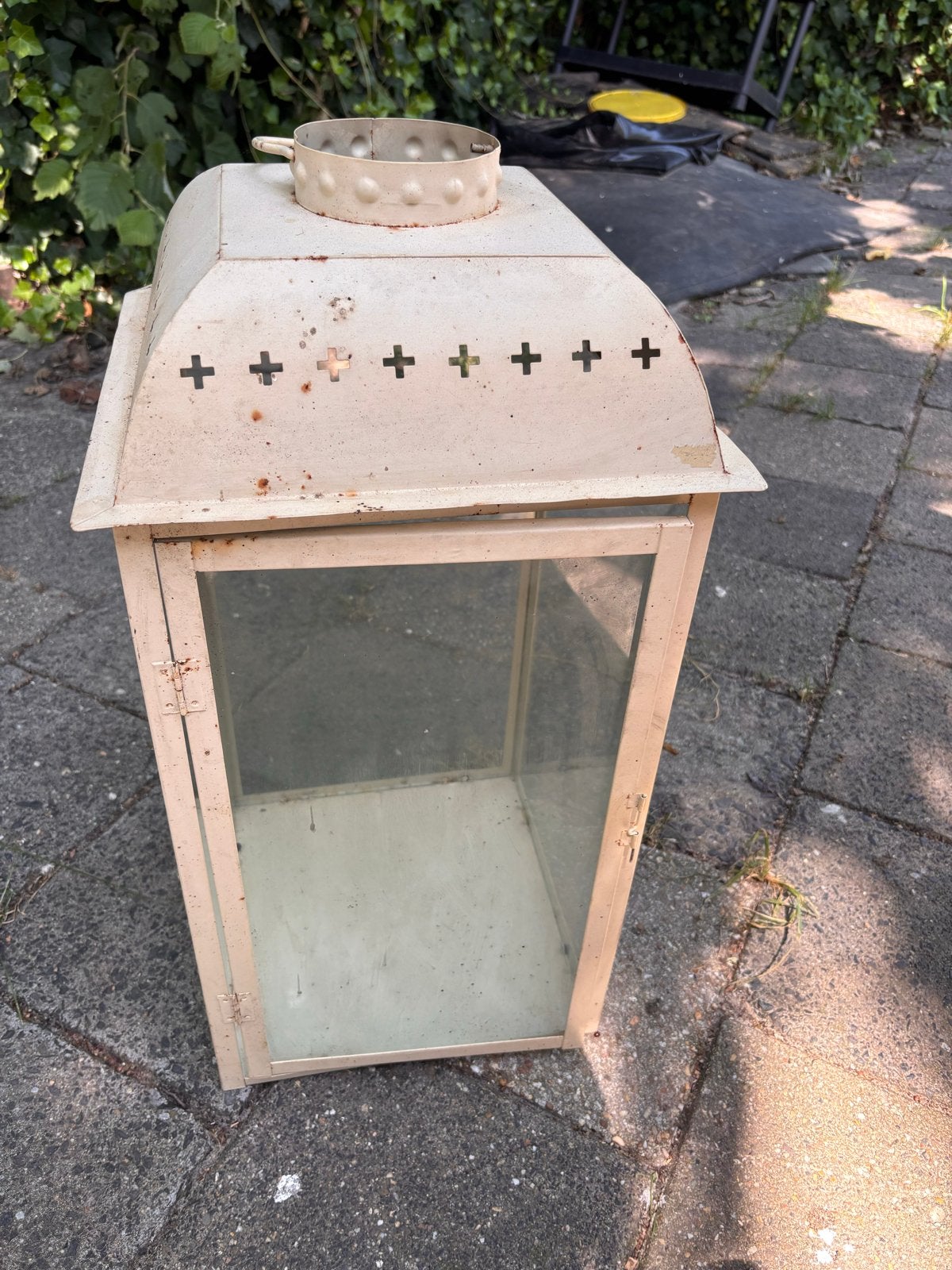 Vintage Buitenlantaarn Crème - Glas en IJzer, Ophalen, Gebruikt, Beige, Glas