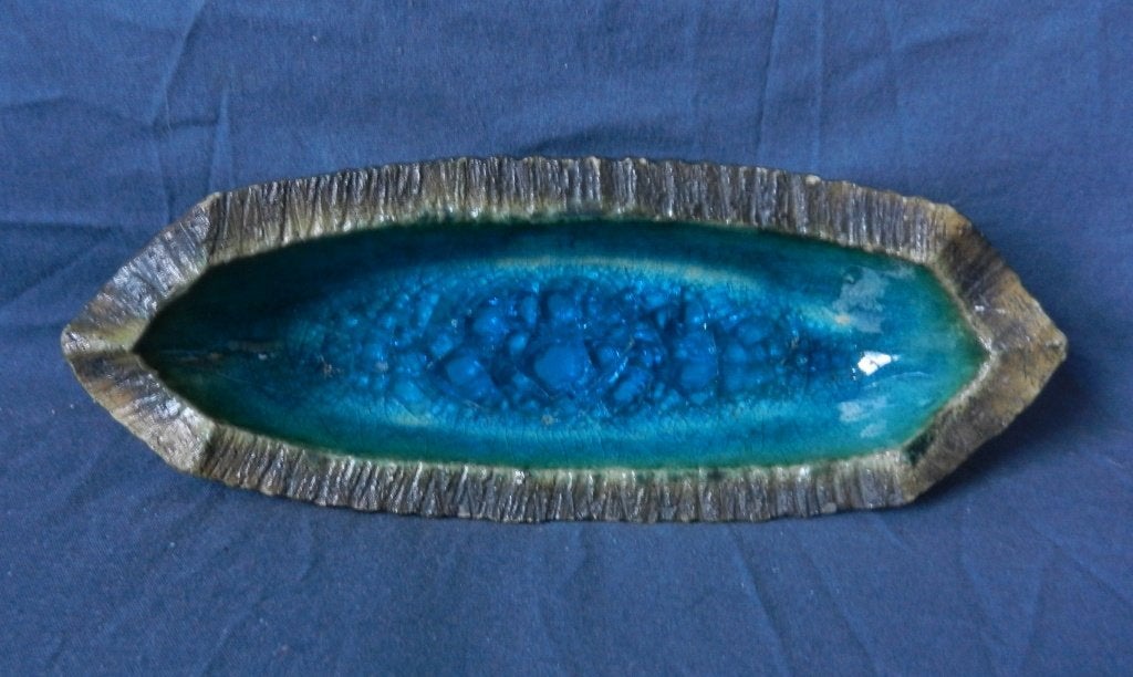 Ovale bak op pootje blauw kristalglazuur Groeneveldt b 24 cm, Antiek en Kunst, Ophalen of Verzenden