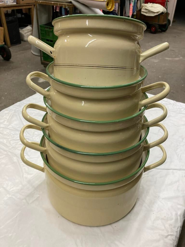Antieke emaille potten set - Crème met groene rand, Antiek en Kunst, Antiek | Emaille, Ophalen