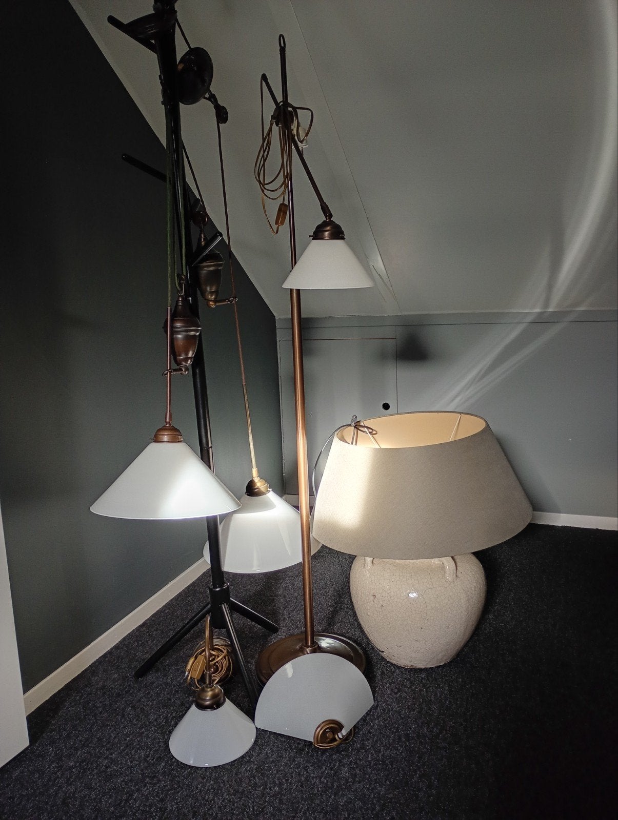 nostalgische brons messing melkglas lampen  en brynxz vaasl, Ophalen, Gebruikt, Glas, Nostalgisch