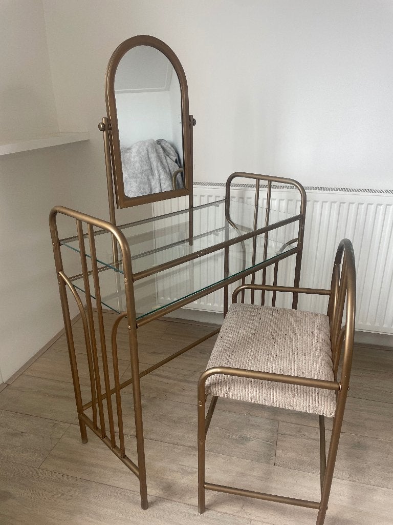 Vintage Hollywood Regency kaptafel – spiegel + kruk, Ophalen, Minder dan 50 cm, Gebruikt, Minder dan 100 cm
