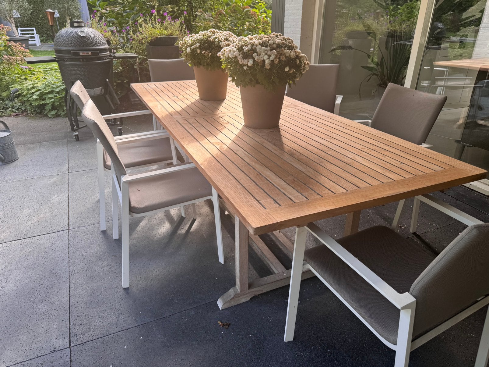 Teakhouten tuintafel 2.50 -3.00 m x 1.00 m met 6 stoelen, Tuin en Terras, Ophalen, Gebruikt, Eettafel, Teakhout