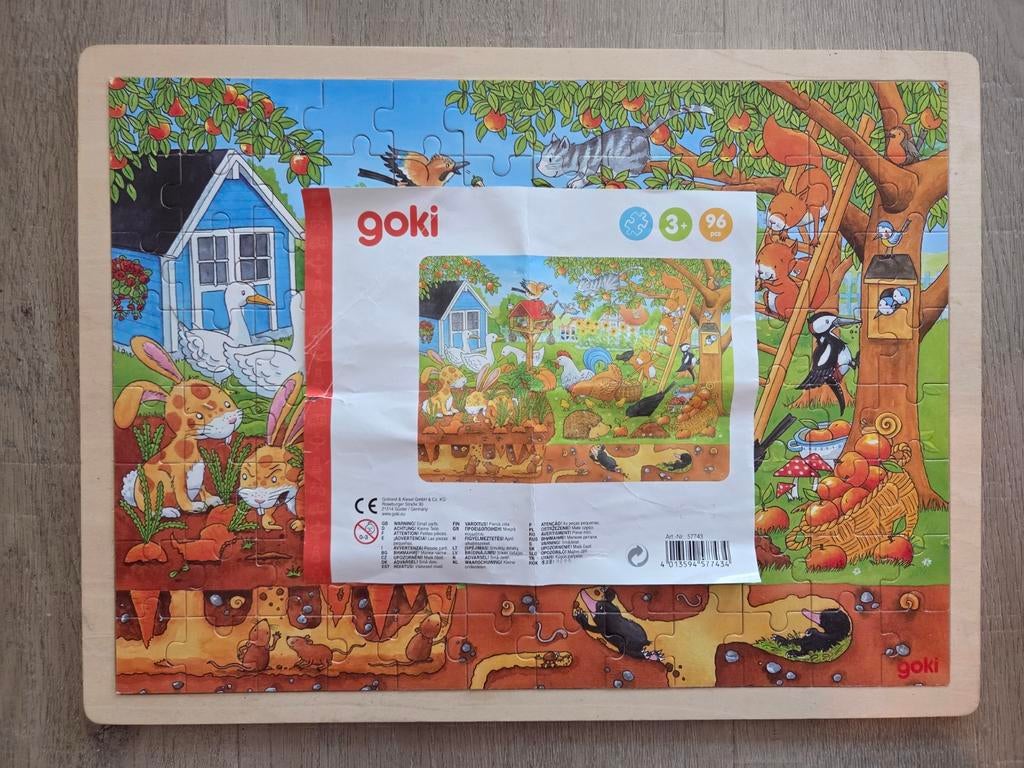 Goki houten puzzel - Tuin boven en onder - Boerderij dieren, Zo goed als nieuw, Van hout, 4 tot 6 jaar, Meer dan 50 stukjes
