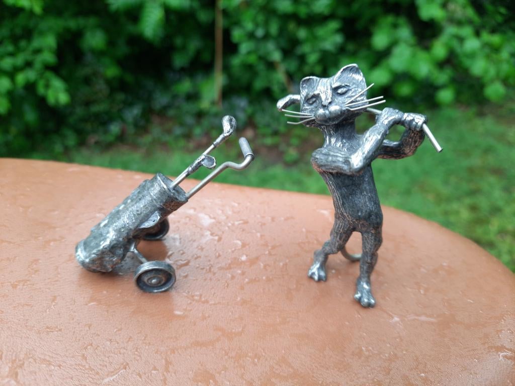 Michel Laude Tinnen Kattenbeeldje Golfer Handgemaakt Frank, Ophalen of Verzenden