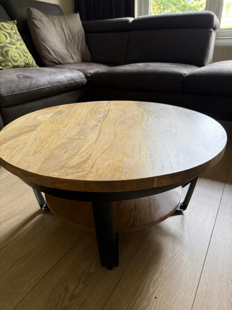 Ronde salontafel van mahoniehout en metaal, Huis en Inrichting, Tafels | Salontafels, Ophalen, 50 tot 100 cm, Rond, Nieuw