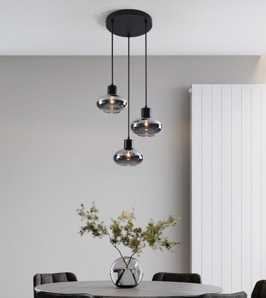 Moderne hanglamp met 3 smoke glazen kappen - Vida, Huis en Inrichting, Lampen | Hanglampen, Ophalen, Gebruikt, Glas, Modern, Industrieel