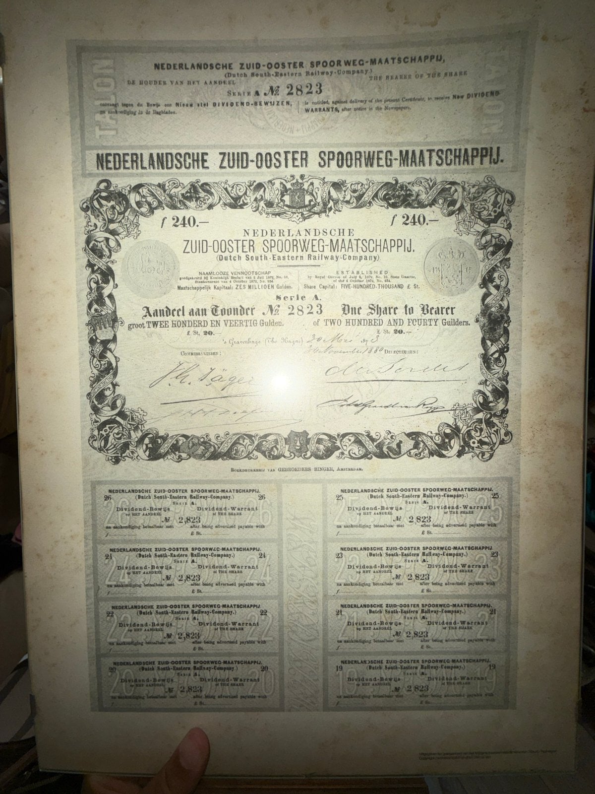 Aandeel Nederlandse Zuid-Ooster Spoorweg-Maatschappij, Ophalen of Verzenden, Voor 1920, Aandeel