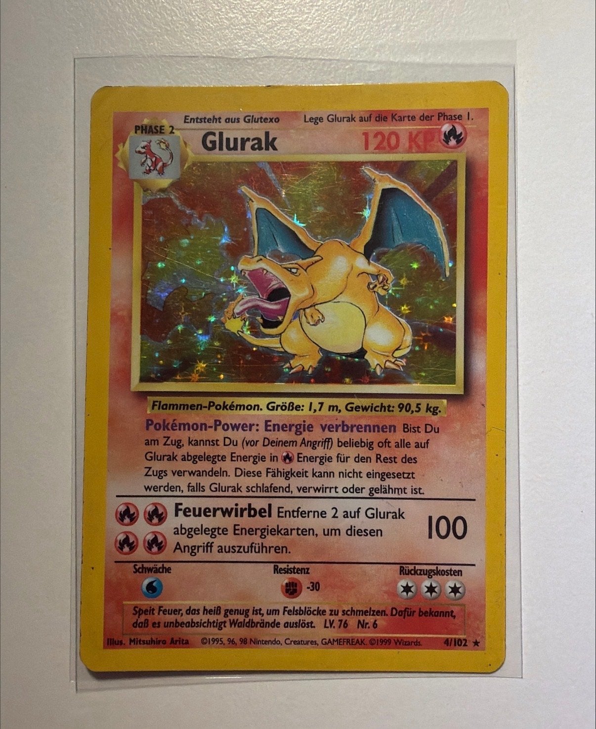 Pokémon Glurak (Charizard) Basis Set Holo 4/102 Duits, Ophalen of Verzenden, Gebruikt, Losse kaart, Foil