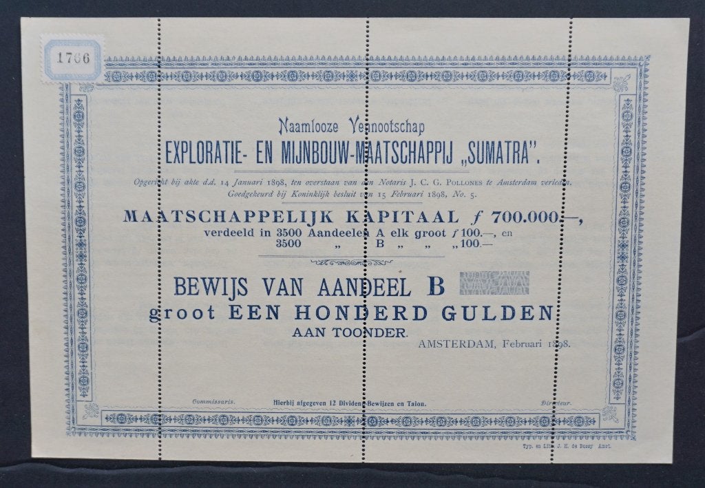 Exploratie- en Mijnbouw Maatschappij Sumatra - 1898, Verzenden, Voor 1920, Aandeel