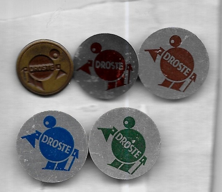 5 X DROSTE CHOCOLADE HAARLEM GERELATEERDE SPELDEN, Ophalen of Verzenden, Gebruikt, Overige onderwerpen, Speldje of Pin