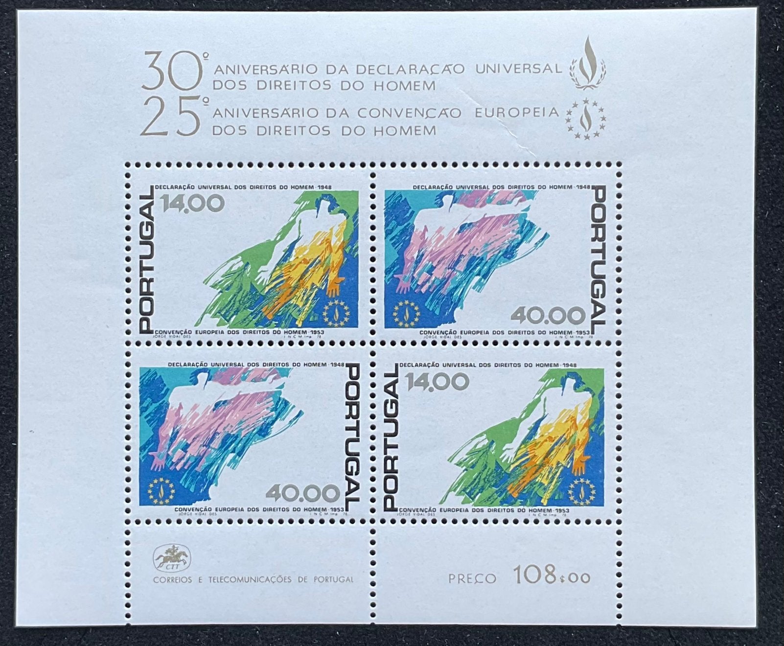 1978 Portugal blok 4 zegels Mensenrechten. Postfris, Ophalen of Verzenden, Portugal, Postfris