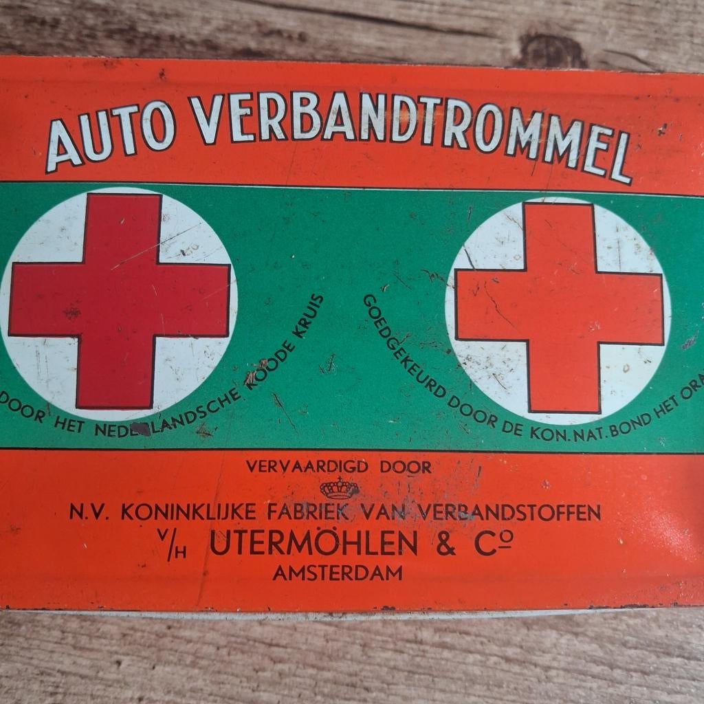 Vintage Utermöhlen Auto Verbandtrommel - EHBO Blik, Ophalen of Verzenden