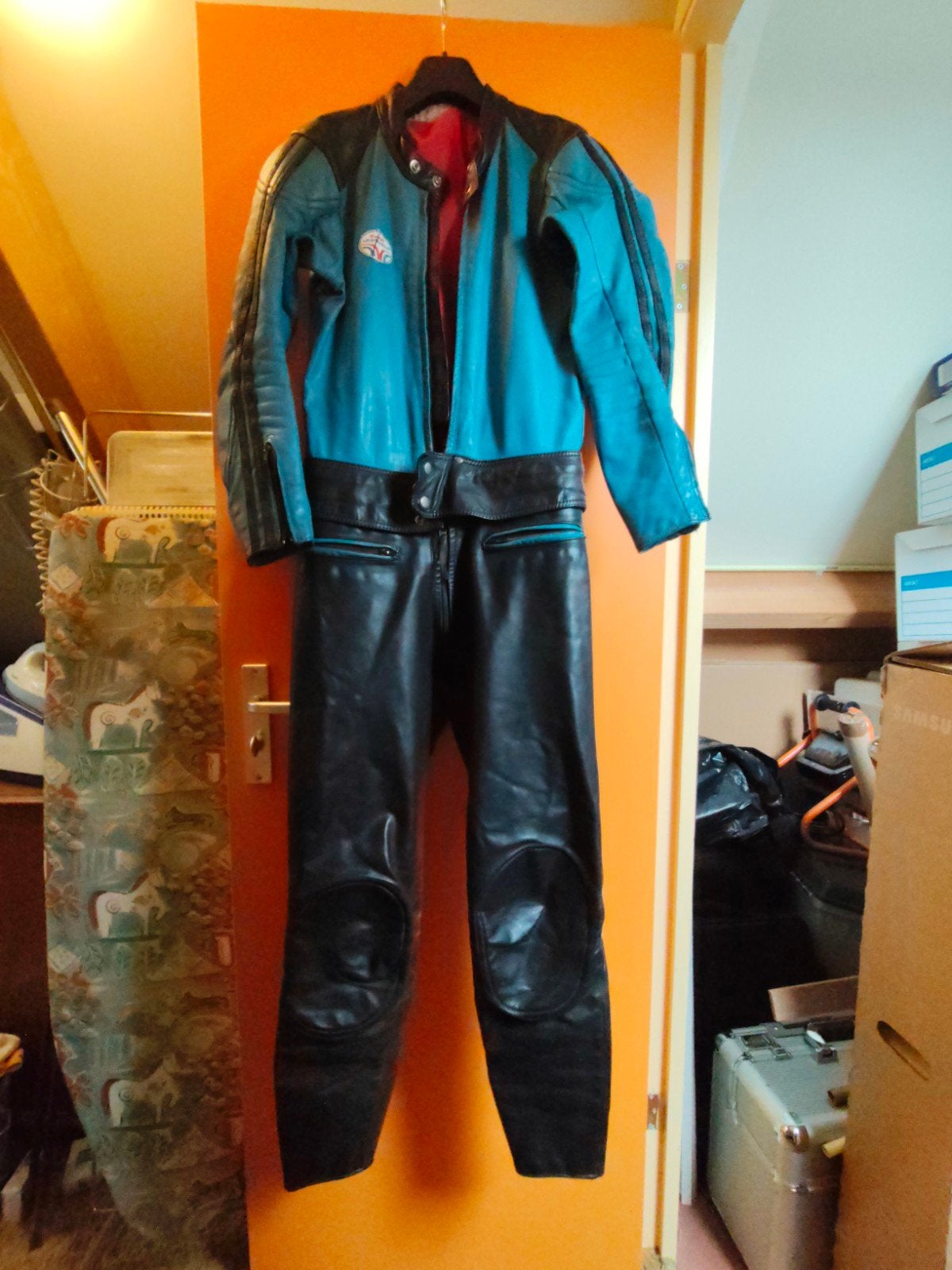 Vintage leren motorpak (jas en broek) - Maat S of M, Ophalen, Tweedehands, Heren, Combipak