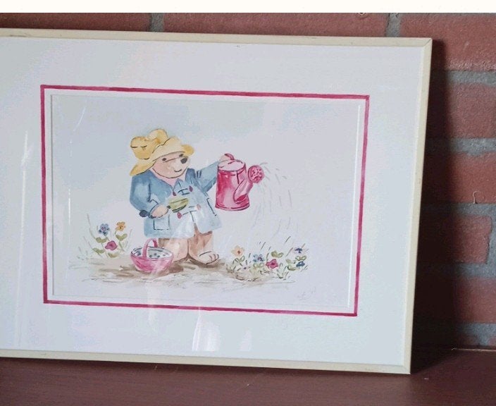 aquarel van Padington met gieter, gesigneerd '91, Ophalen of Verzenden, Tekening, Aquarel, Ingelijst
