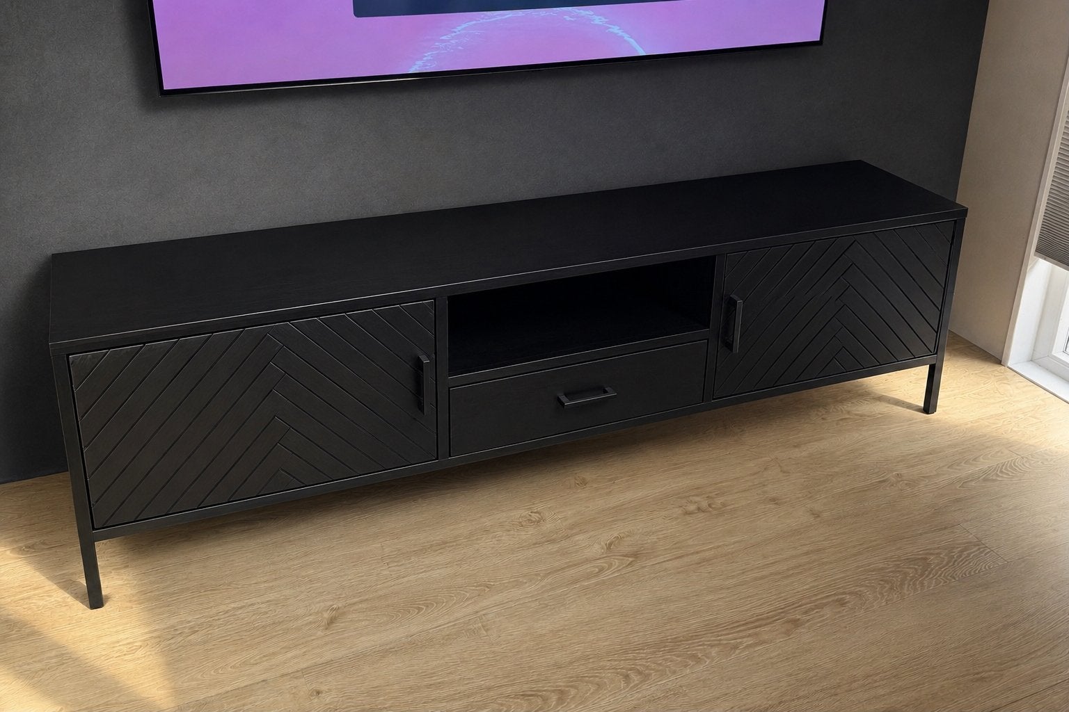 Zwart TV-meubel met lades en deuren, modern design, Ophalen, 150 tot 200 cm, Nieuw, Minder dan 100 cm