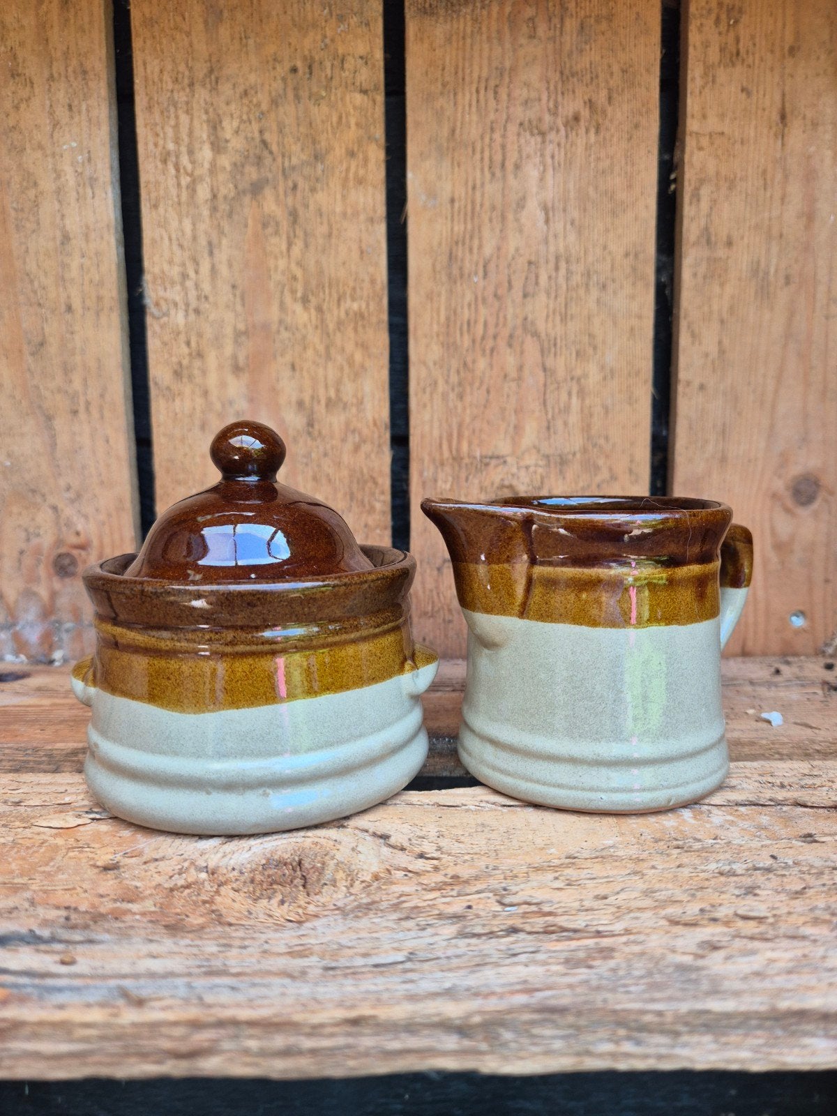 Vintage Aardewerk Suikerpot en Melkkan Set, Ophalen of Verzenden, Aardewerk, Overige stijlen, Overige typen