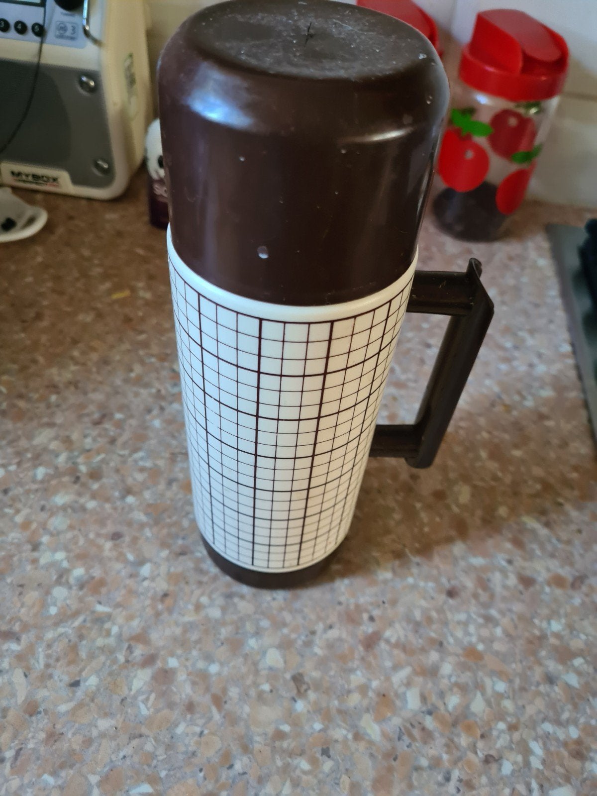 Vintage Thermoskan Jaren '70 - Bruin/Wit Geruit Design, Ophalen of Verzenden