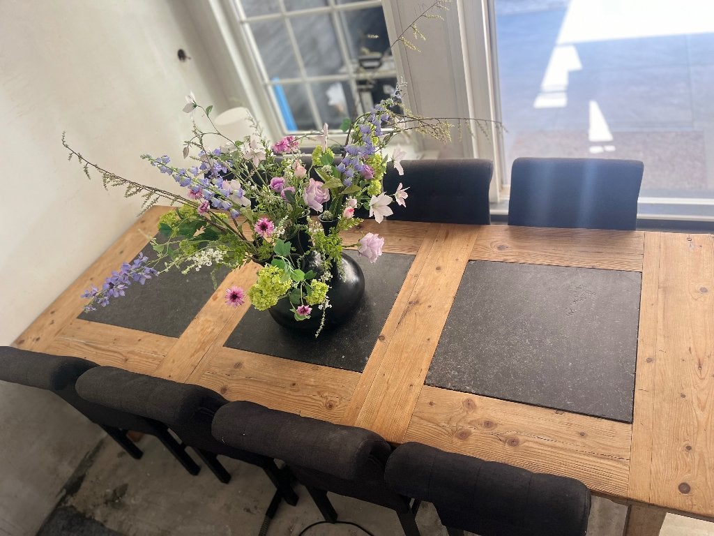 Eettamertafel met 8 stoelen, Huis en Inrichting, Tafels | Eettafels, Gebruikt, 150 tot 200 cm, 200 cm of meer, Vijf personen of meer