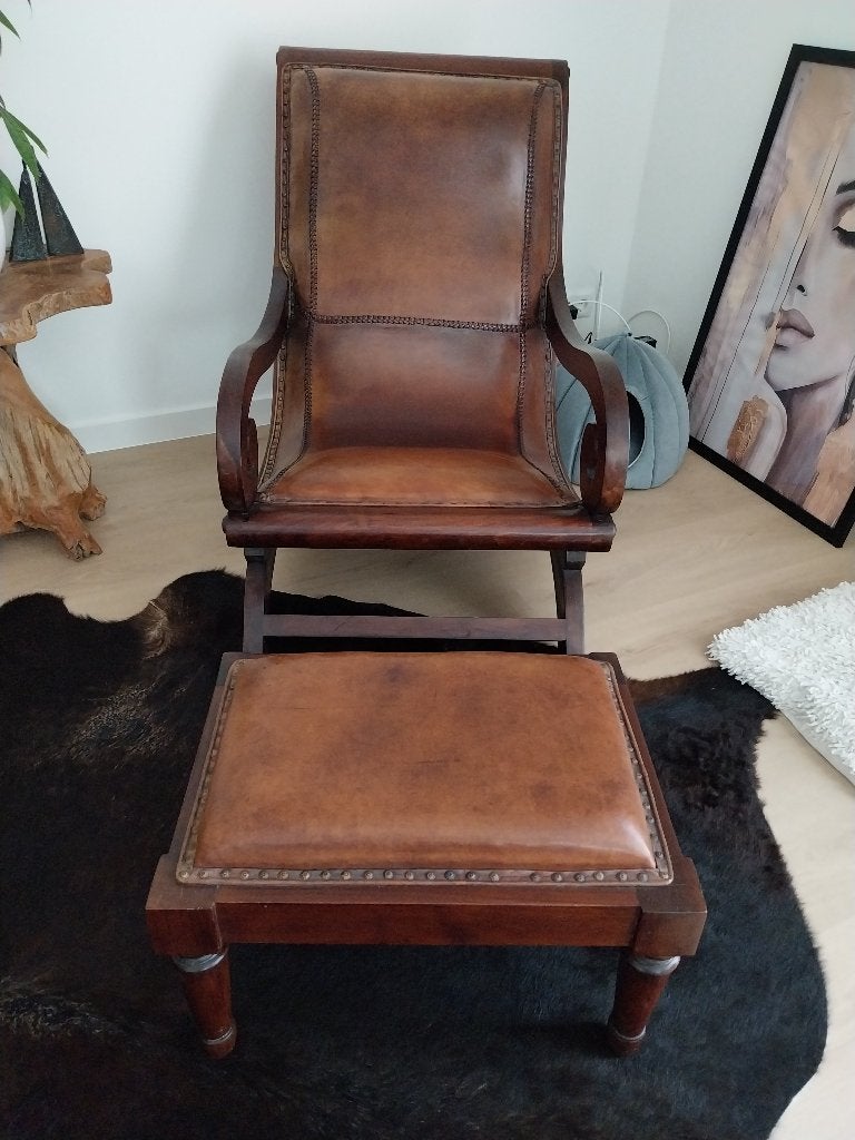 Bruin Leren Vintage Fauteuil met Hocker, Ophalen, Set, Stoel, Bruin