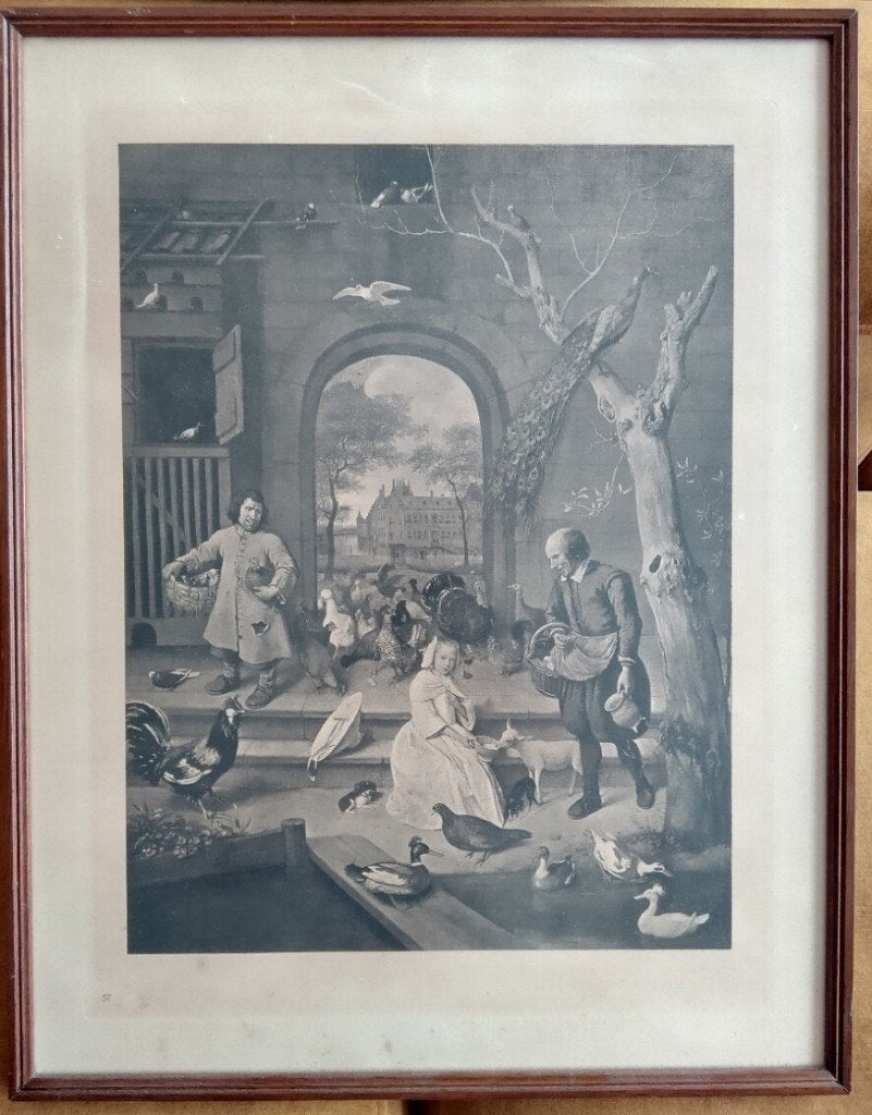Jan Steen - De Hoenderhof - 1660 / originele steendruk, Ingelijst, Ophalen of Verzenden, Dieren en Natuur, Lithografie