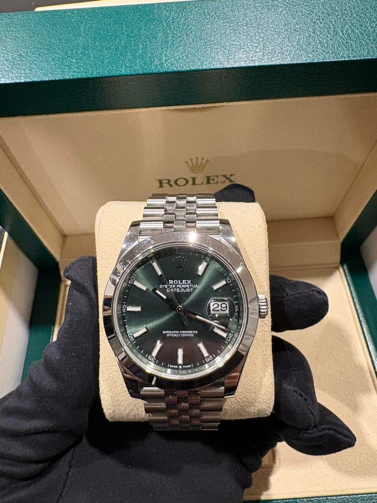 Rolex datejust 41mm Mint green Jubilee 126300, Staal, Polshorloge, Ophalen of Verzenden, Zo goed als nieuw