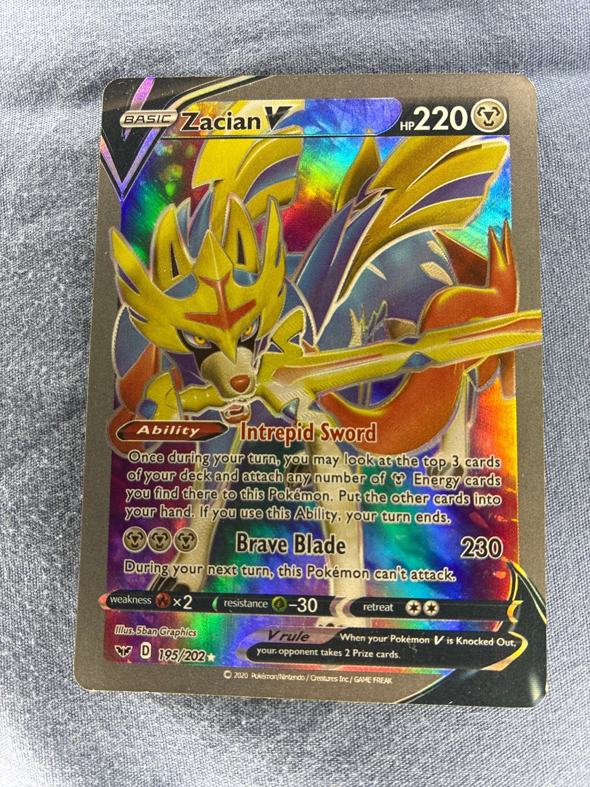 Zacian V Pokémon Kaart - Full Art (195/202), Ophalen of Verzenden, Zo goed als nieuw, Losse kaart, Foil