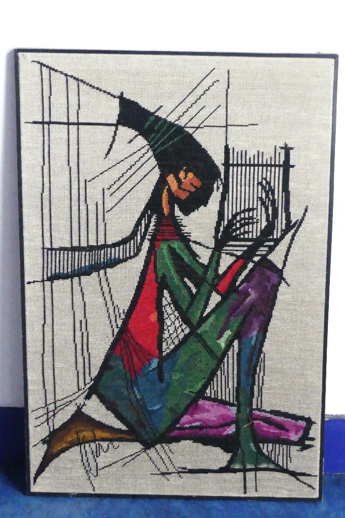 textielkunst vrouw met de harp, Antiek en Kunst, Doek, Realistisch, Overige technieken, Stilleven