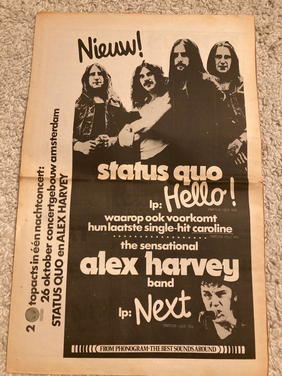 STATUS QUO live Concertgebouw Amsterdam 1973 A3 advertentie, Ophalen of Verzenden, Gebruikt