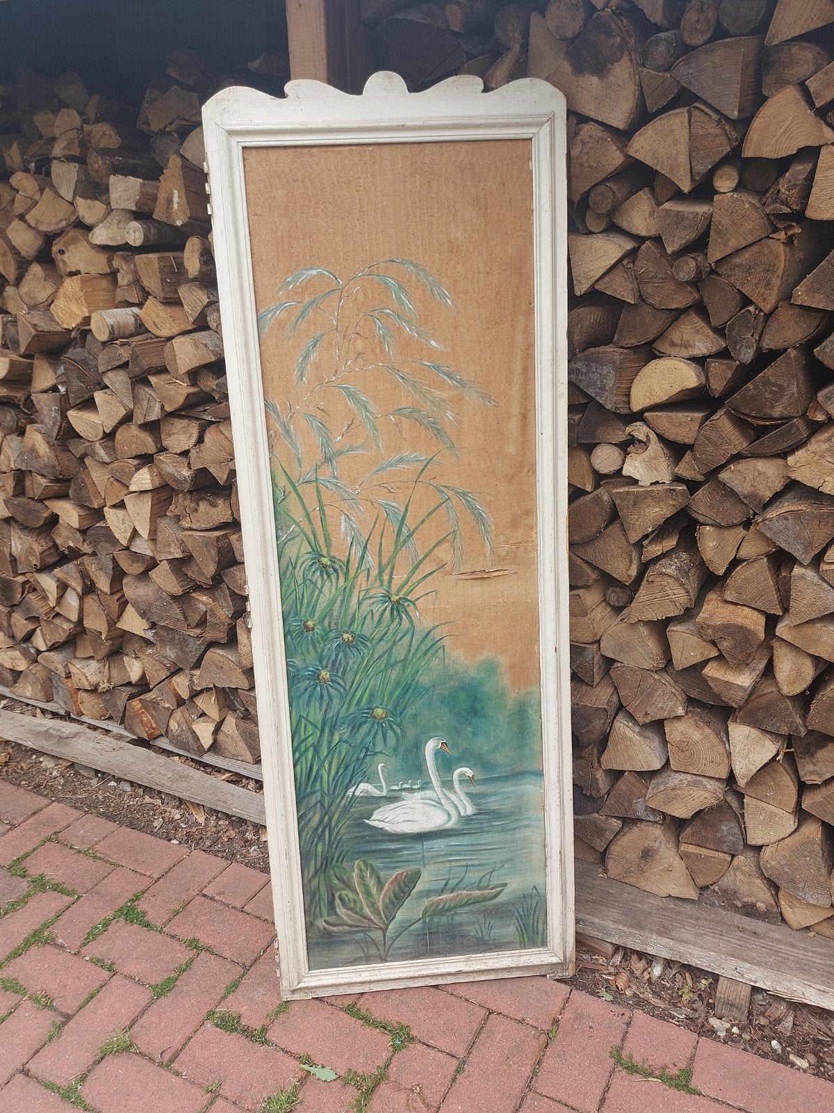 Antiek paneel , schilderij , zwemmende zwanen, Ophalen