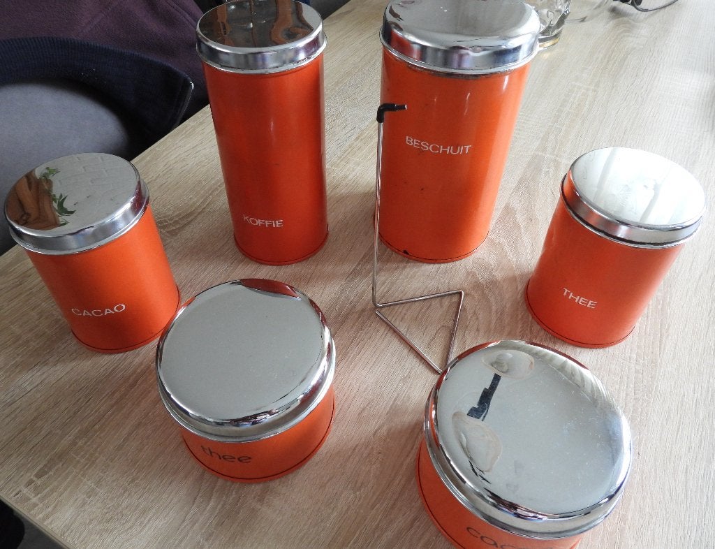 6 Brabantia Blikken - Vintage Oranje Keuken Opbergers, Verzamelen, Blikken, Ophalen of Verzenden, Gebruikt, Overige, Overige merken