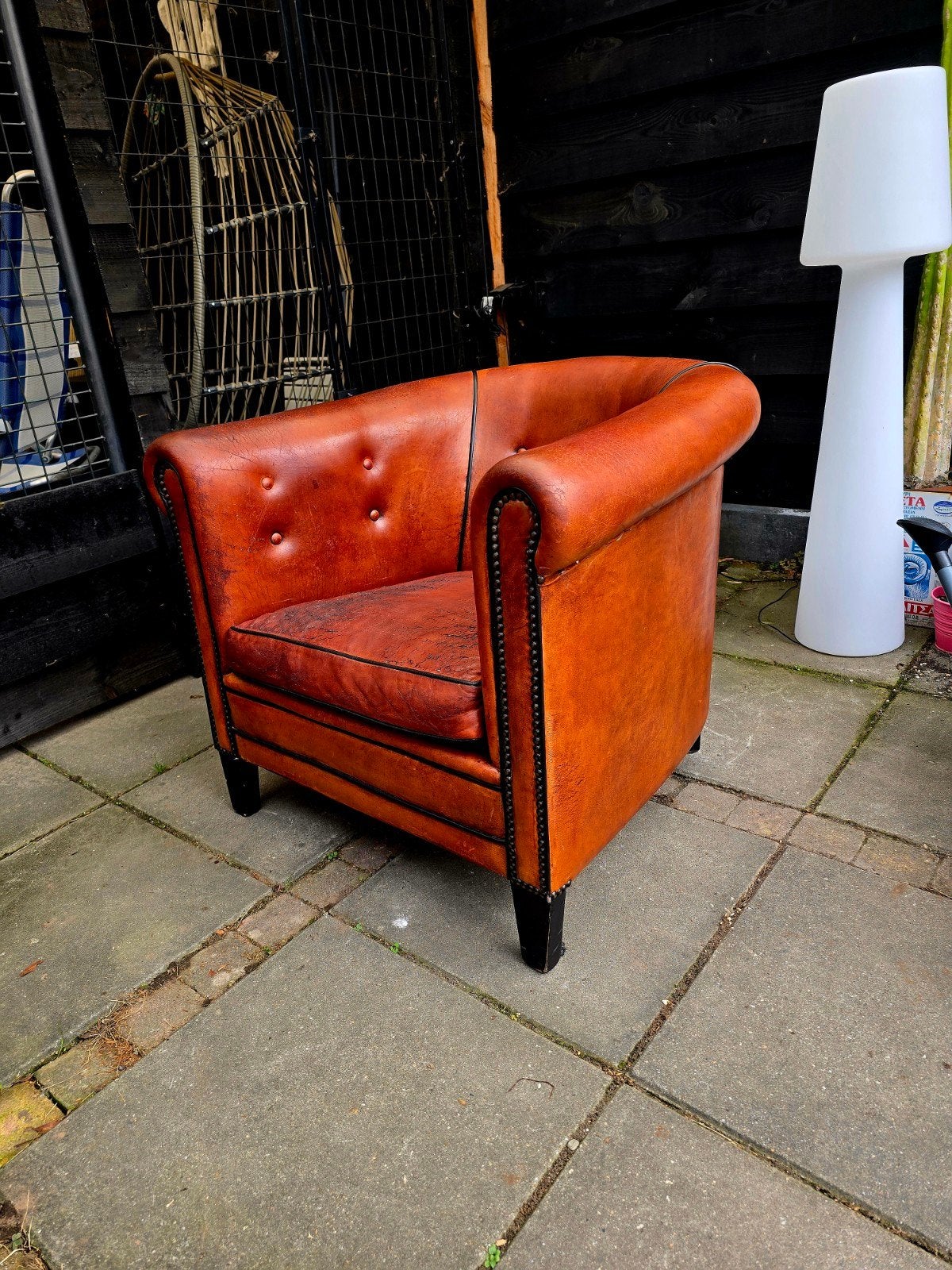 schapenleer clubfauteuil art deco stijl, Huis en Inrichting, Ophalen, Leer, Minder dan 50 cm, Industrieel,klassiek,art deco