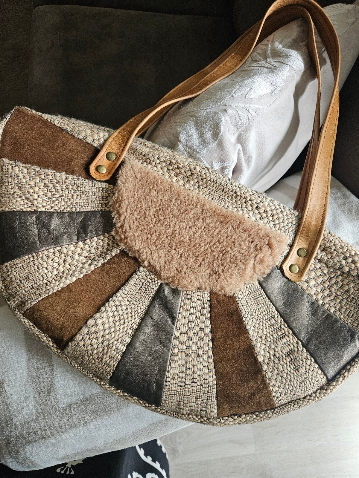 Unieke Vintage Ibiza Patchwork Tas Echt Suède & Leer Boho ch, Ophalen, Zo goed als nieuw, Bruin, Schoudertasje