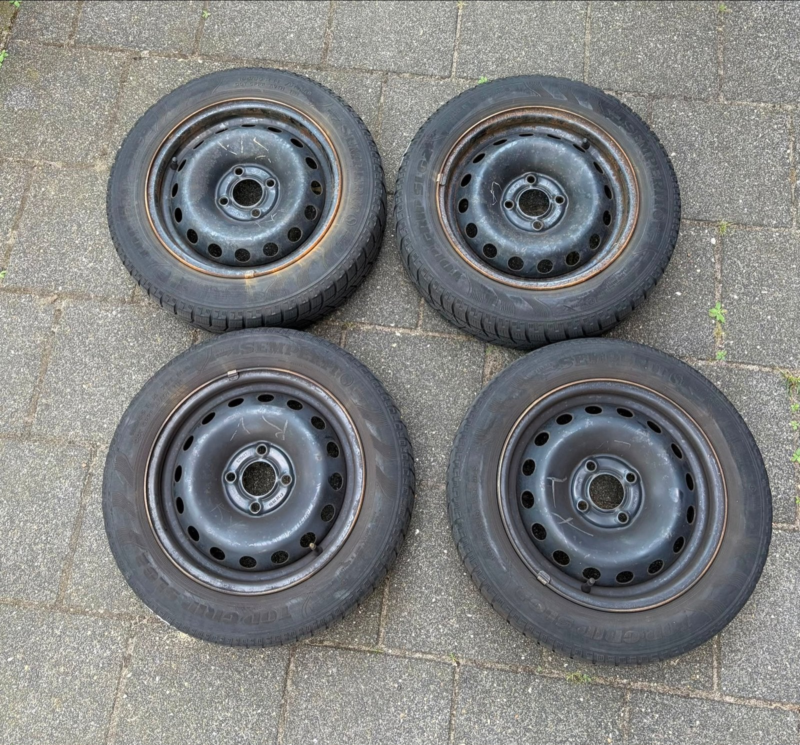 Set van 4 Semperit winterbanden op stalen velgen 165/65 R14, Ophalen, Gebruikt