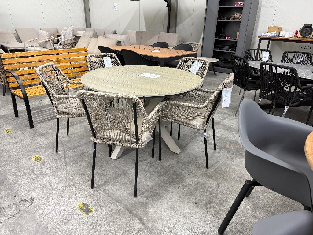 Calgary/Seville dining tuinset 120cm rond | alu + polywood, Tuin en Terras, Tuinsets en Loungesets, Ophalen, 5 zitplaatsen, Gebruikt