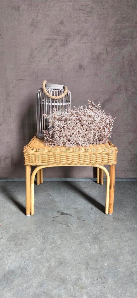 Rieten Rotan Kruk Poef - Vintage Bijzettafel, Ophalen, Gebruikt, Overige materialen