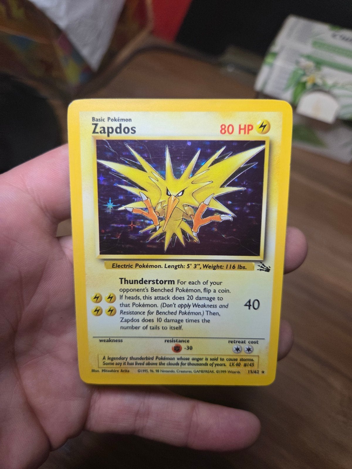 Zapdos Holo Fossil 15/62 Fossil 1999 Wotc, Ophalen of Verzenden, Zo goed als nieuw, Losse kaart, Foil