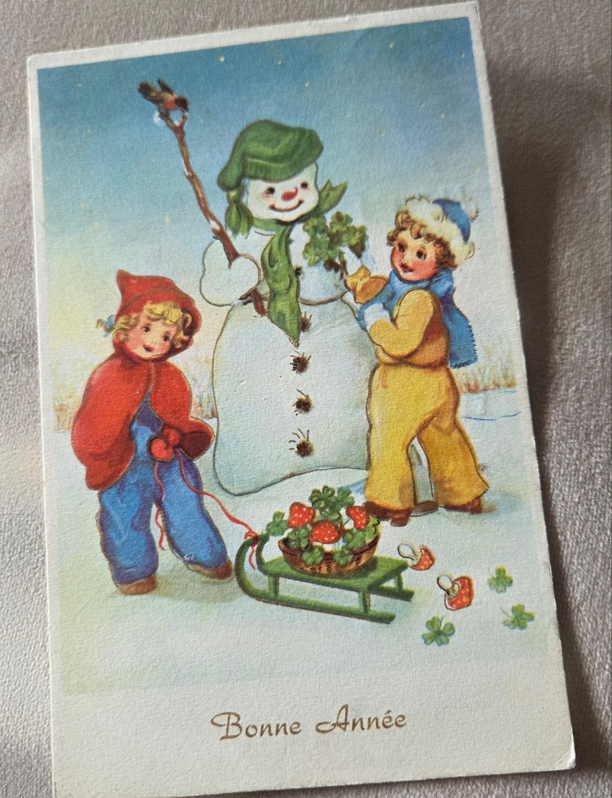 Nieuwjaarskaart 'Bonne Année' met Sneeuwpop en Kinder, Verzenden, 1940 tot 1960, Gelopen, Feest(dag)