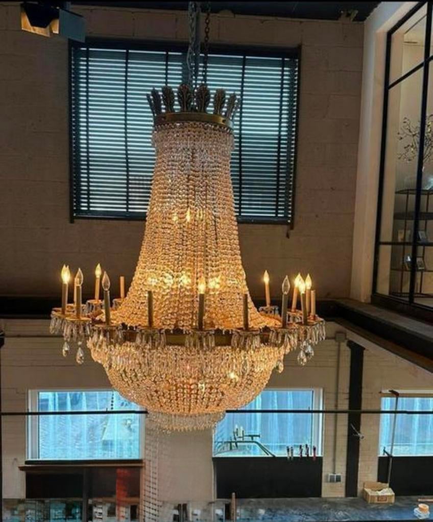 ENORME Imposante Vintage  Kristallen Kroonluchter, Ophalen of Verzenden, Zo goed als nieuw, Glas, Design vintage regency empire mid century