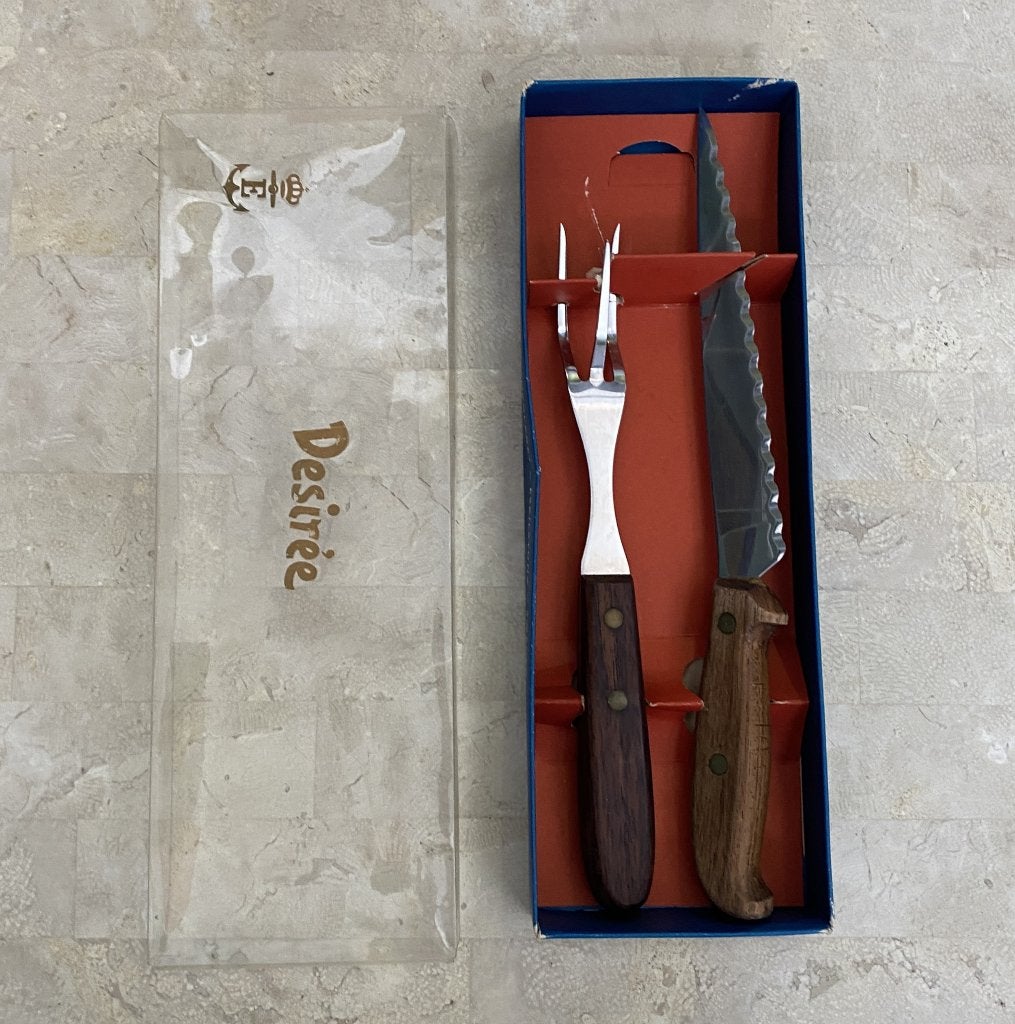 60 Jaren BBQ steak vlees bestek teak roestvrij staal in doos, Bestekset, Ophalen of Verzenden, Zo goed als nieuw, Messenset