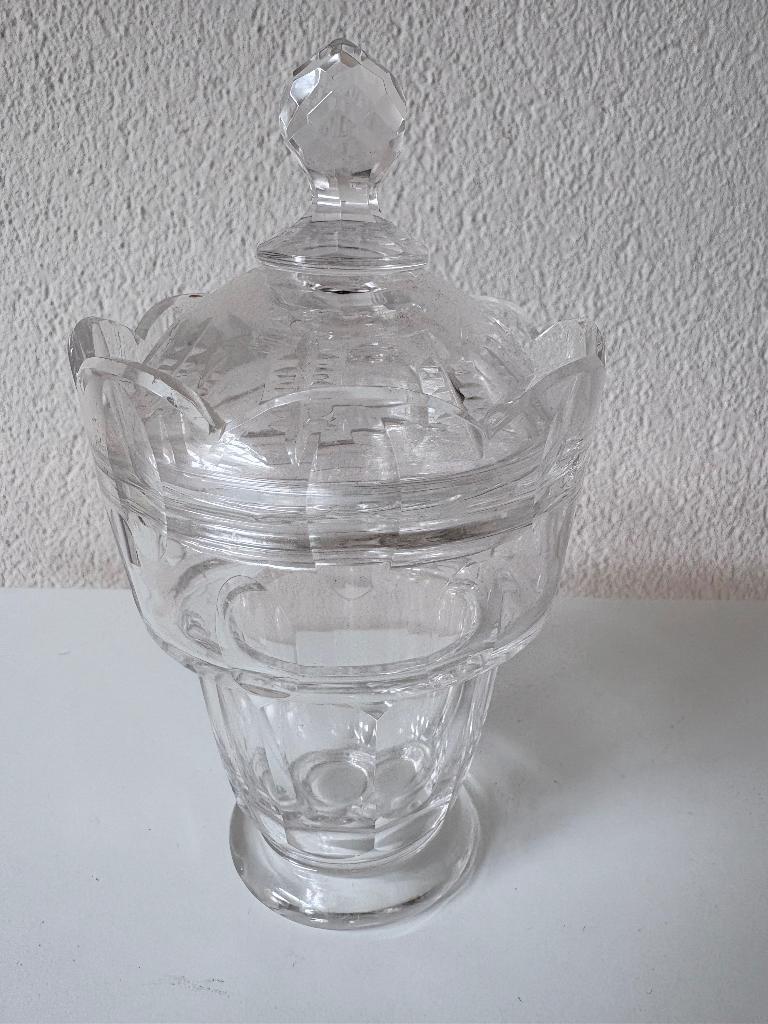 UNIEK OUD KRISTALLEN POTJE MET DEKSEL EN GLAZEN LAMPJE ...., Antiek en Kunst, Antiek | Glas en Kristal, Ophalen of Verzenden