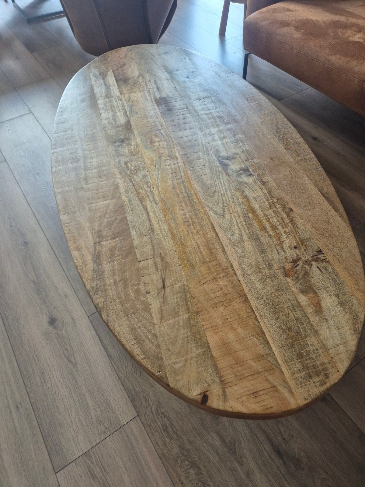 Ovale salontafel van mangohout, Ophalen, Gebruikt, 100 tot 150 cm, 50 tot 100 cm
