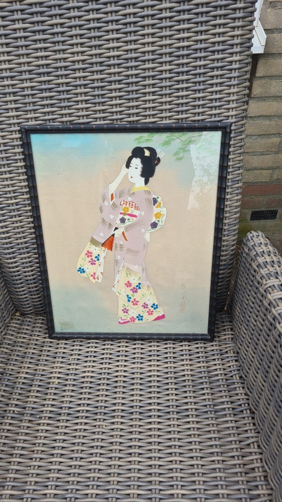 Japans Geisha Schilderij met Zwarte Lijst, Antiek en Kunst, Ophalen, Schilderij, Papier/karton, Japan
