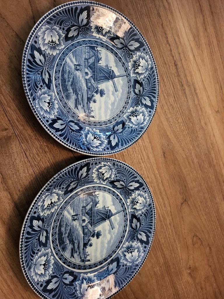 Set van 2 Blauwe Wandborden met Molenlandschap., Antiek en Kunst, Ophalen of Verzenden