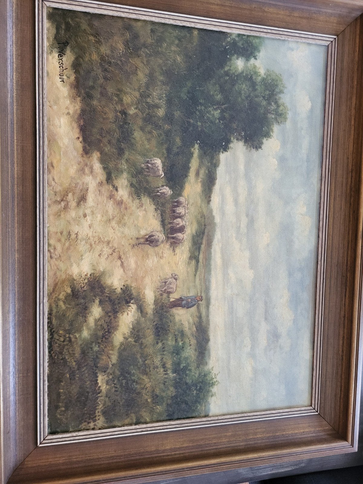Klassiek Landschap met Schapen door P. Verschuur, Doek, Origineel werk, Ophalen of Verzenden, Landschap