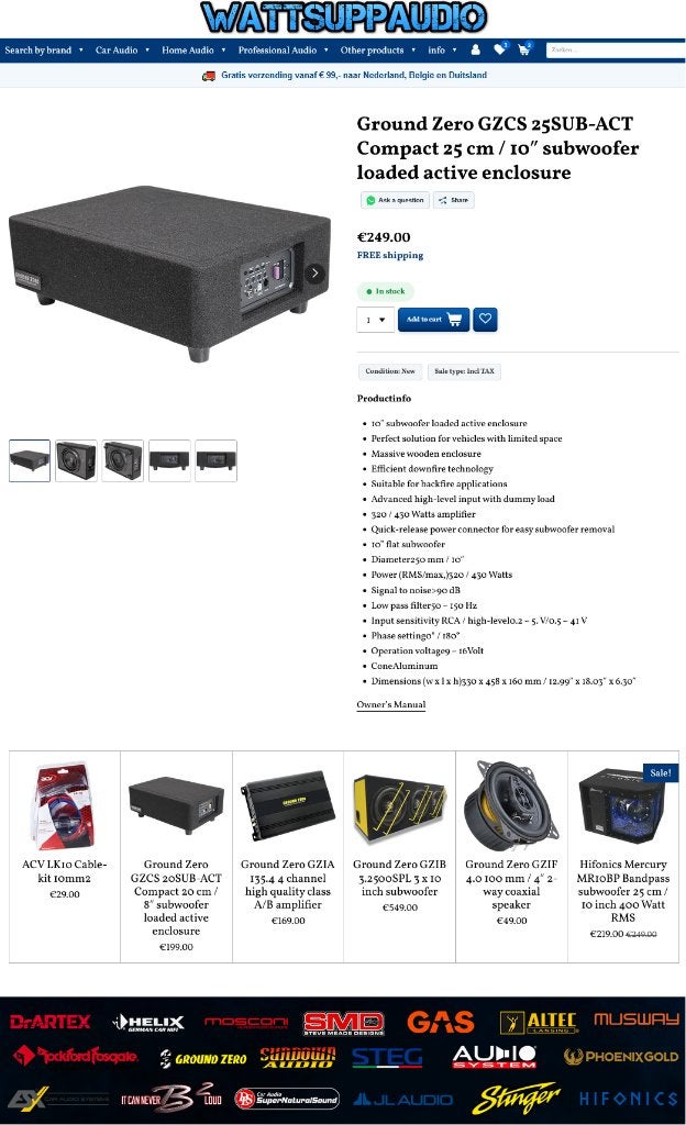 Ground Zero GZCS 25SUB-ACT Compact 25 cm/10″ subwoofer Activ, ., Nieuw, Ophalen of Verzenden, .